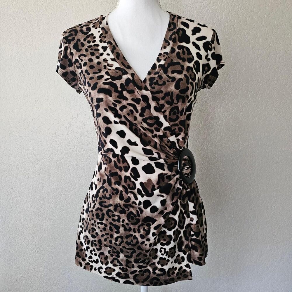 Y2K Cache Faux Wrap Leopard Print Wrap Top w/ Buckle Detail Size S